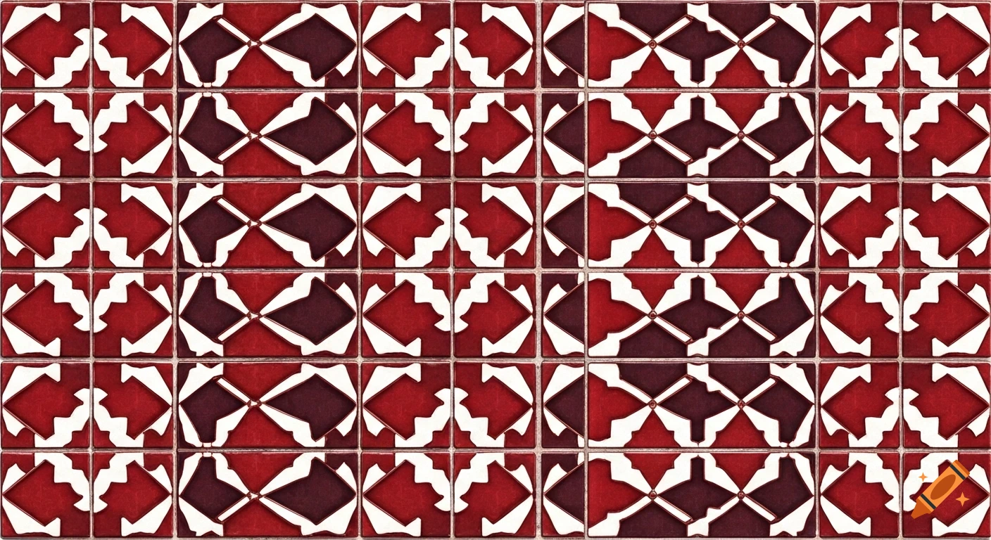 Repeating pattern of red, maroon, and white tiles with geometric designs.