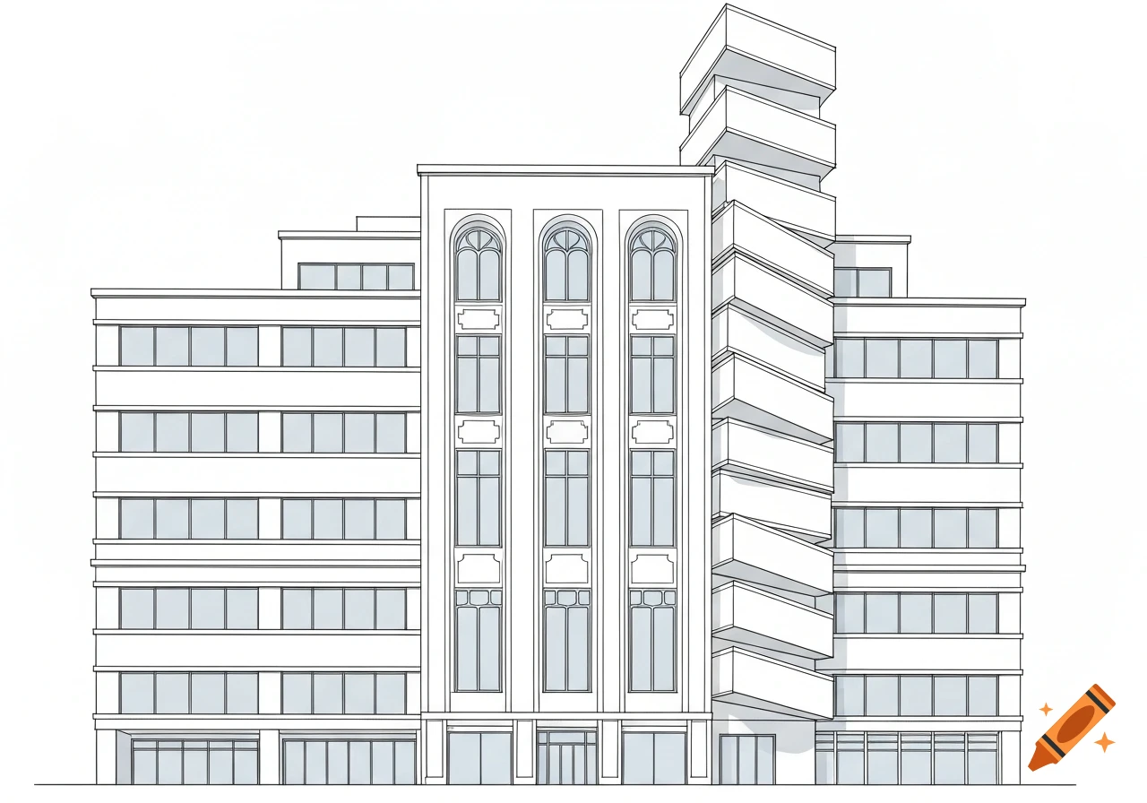Architectural concept sketch of a white building combining modern, Art Nouveau, and twisted design elements, with clean outlines.