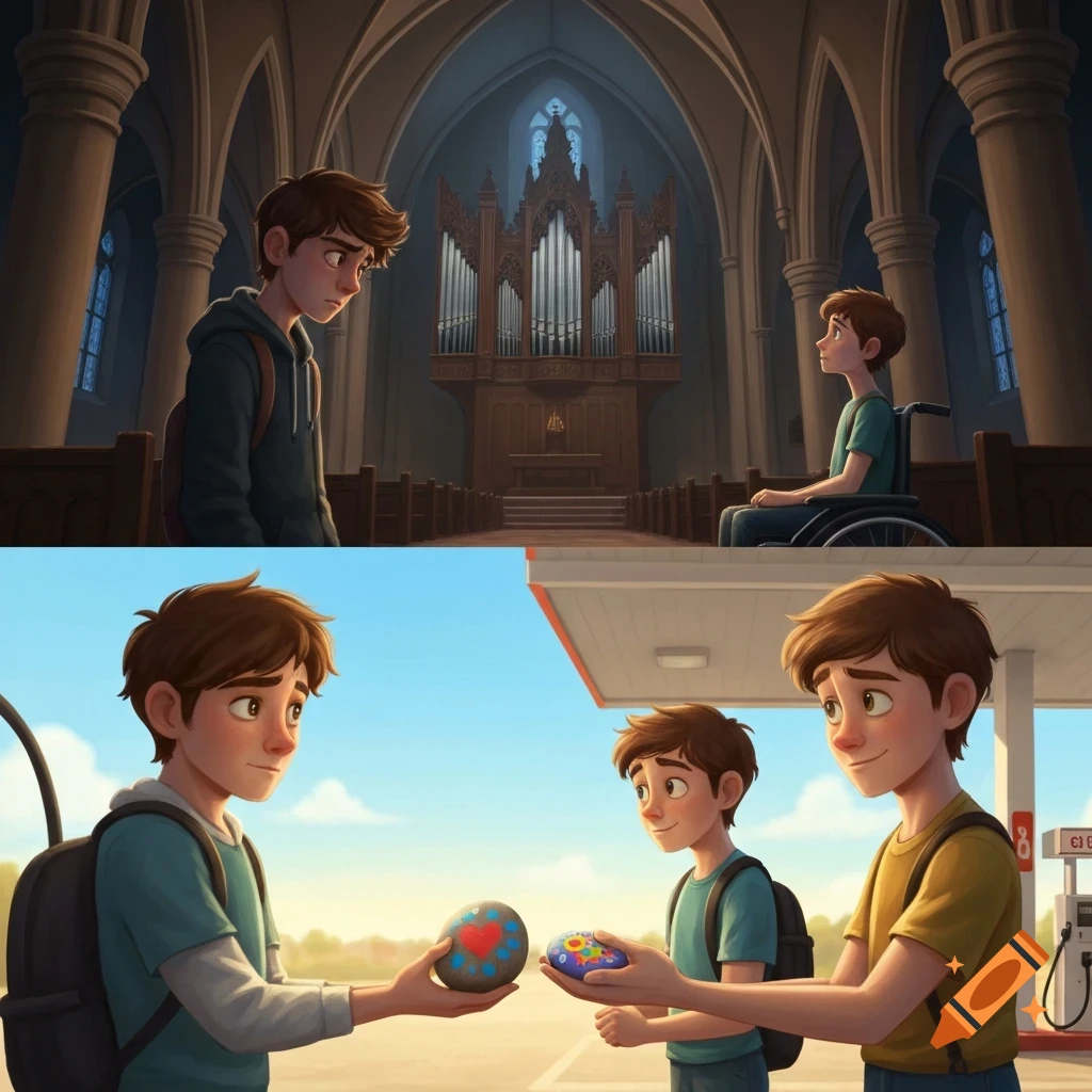 A cartoon split image shows two boys, one in a wheelchair, in a church with an organ and then at a gas station exchanging painted stones.