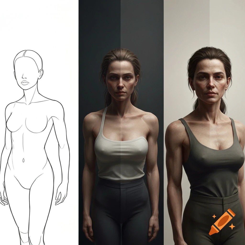 Three panels show a female figure: a line drawing, a realistic woman in a white tank top with a visible split, and a realistic woman in a green tank top.