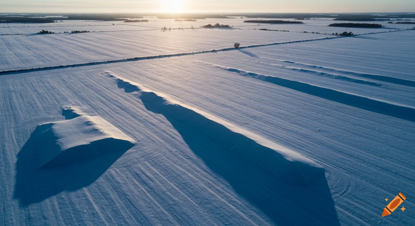 Aerial view of vast snow-covered fields with long shadows under a bright winter sky.