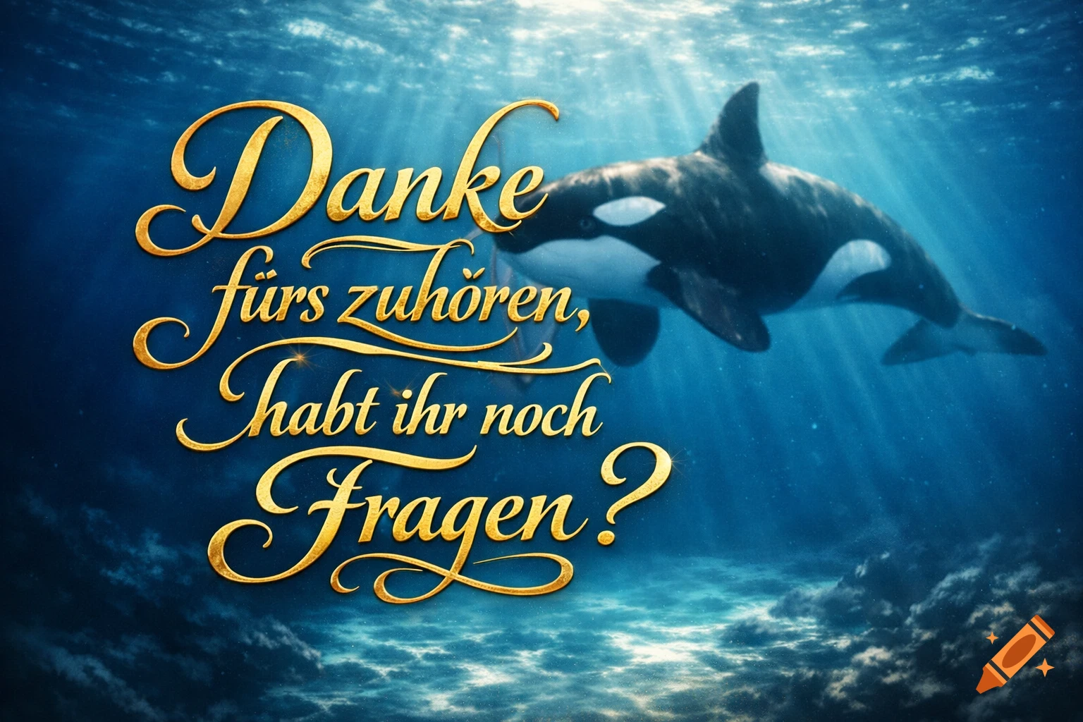 Golden German text 'Danke fürs Zuhören, habt ihr noch Fragen?' (Thanks for listening, do you have any more questions?) underwater with an orca.