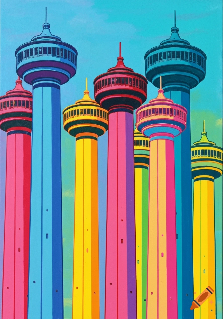 A vibrant pop art depiction of multiple tall, colorful towers in shades of pink, blue, yellow, and purple against a clear blue sky.
