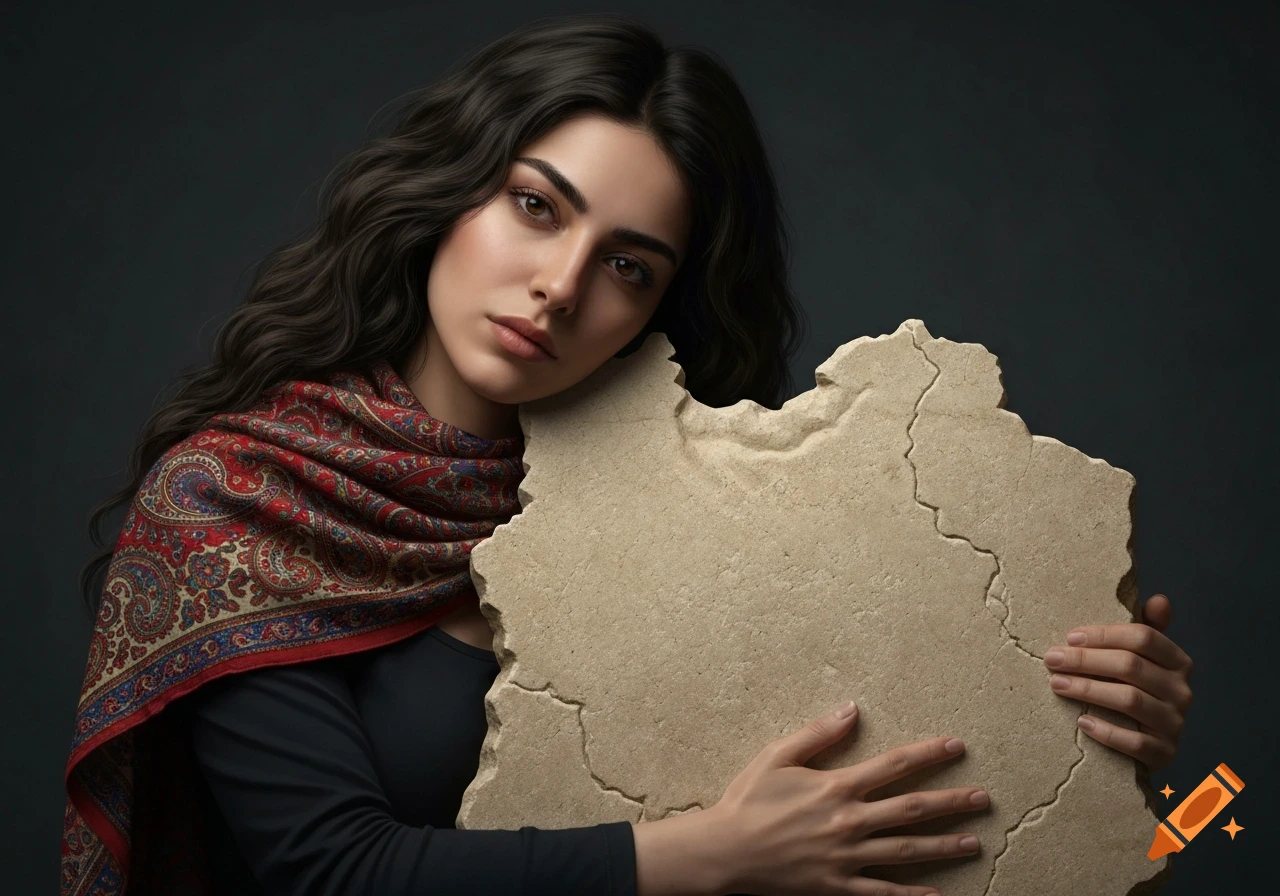 Conceptual portrait of a young Persian woman in a red patterned shawl, holding a stone tablet shaped like the map of Iran.
