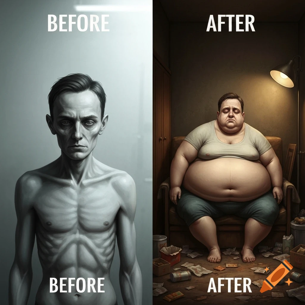A diptych showing a very emaciated man labeled "BEFORE" on the left, and a very obese man sitting in a messy room labeled "AFTER" on the right.