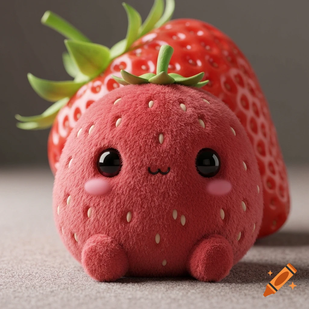 A cute 3D rendered plush strawberry character with big eyes and a tiny smile sits in front of a real strawberry.