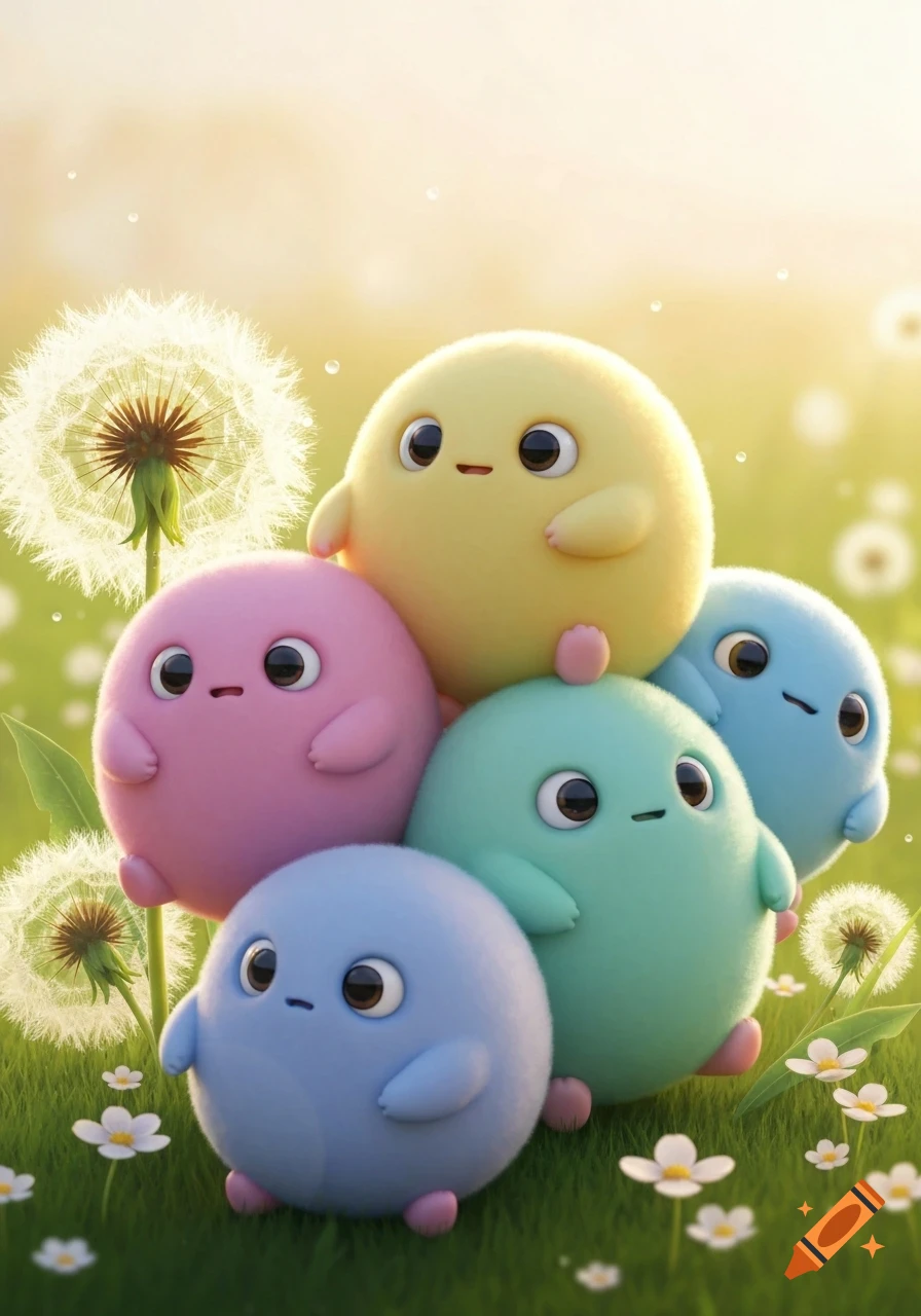 A stack of colorful, round, fuzzy creatures with big eyes and small mouths in a vibrant green field with dandelions and white flowers.