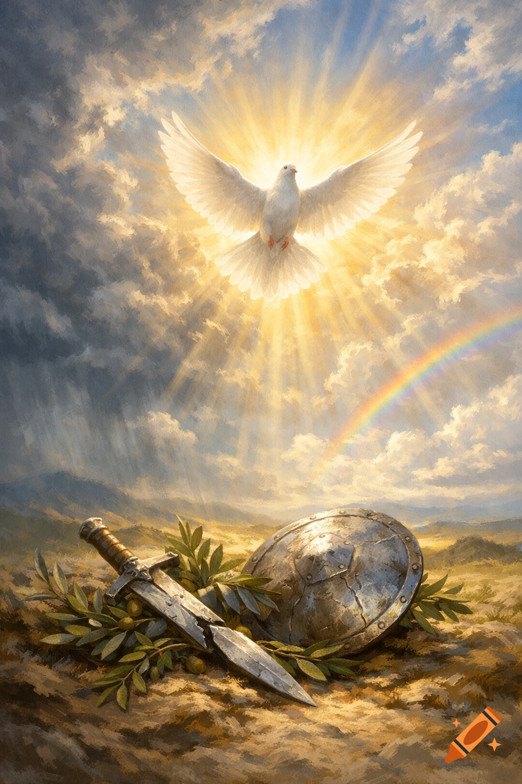 A luminous white dove descends from a bright sky with sun rays, a rainbow, above a broken sword, shield, and olive branches on a landscape.