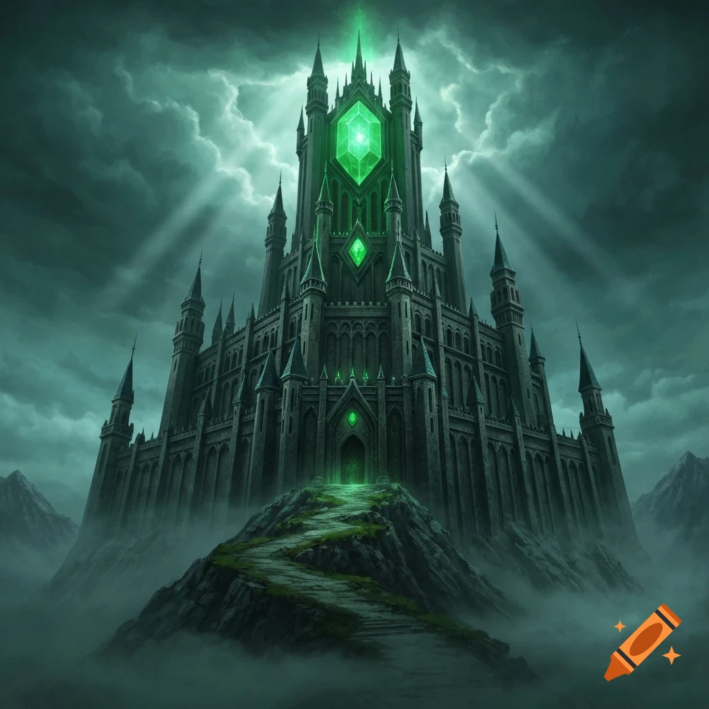 A dark gothic castle with glowing green emeralds on a misty mountain under a cloudy sky.