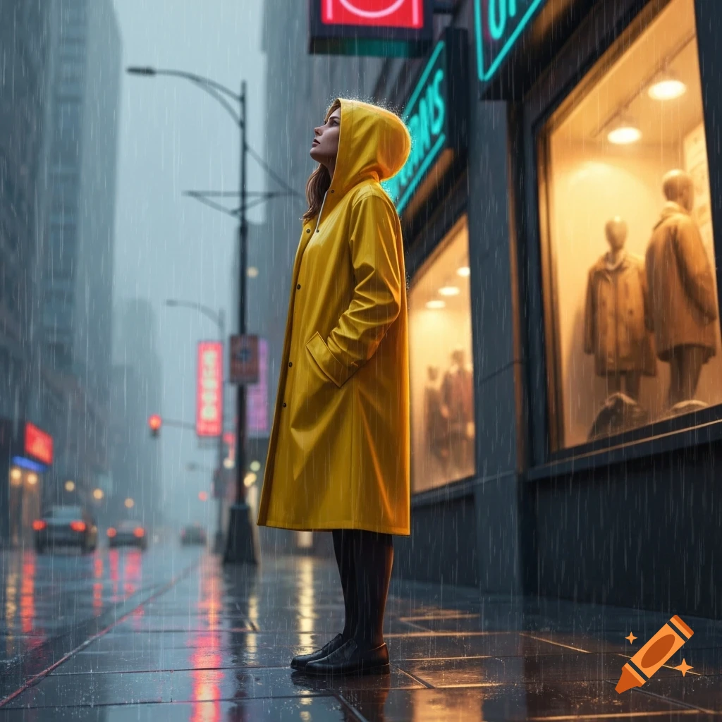 A woman in a yellow raincoat stands on a rainy city street at dusk, looking up. Photorealistic style.