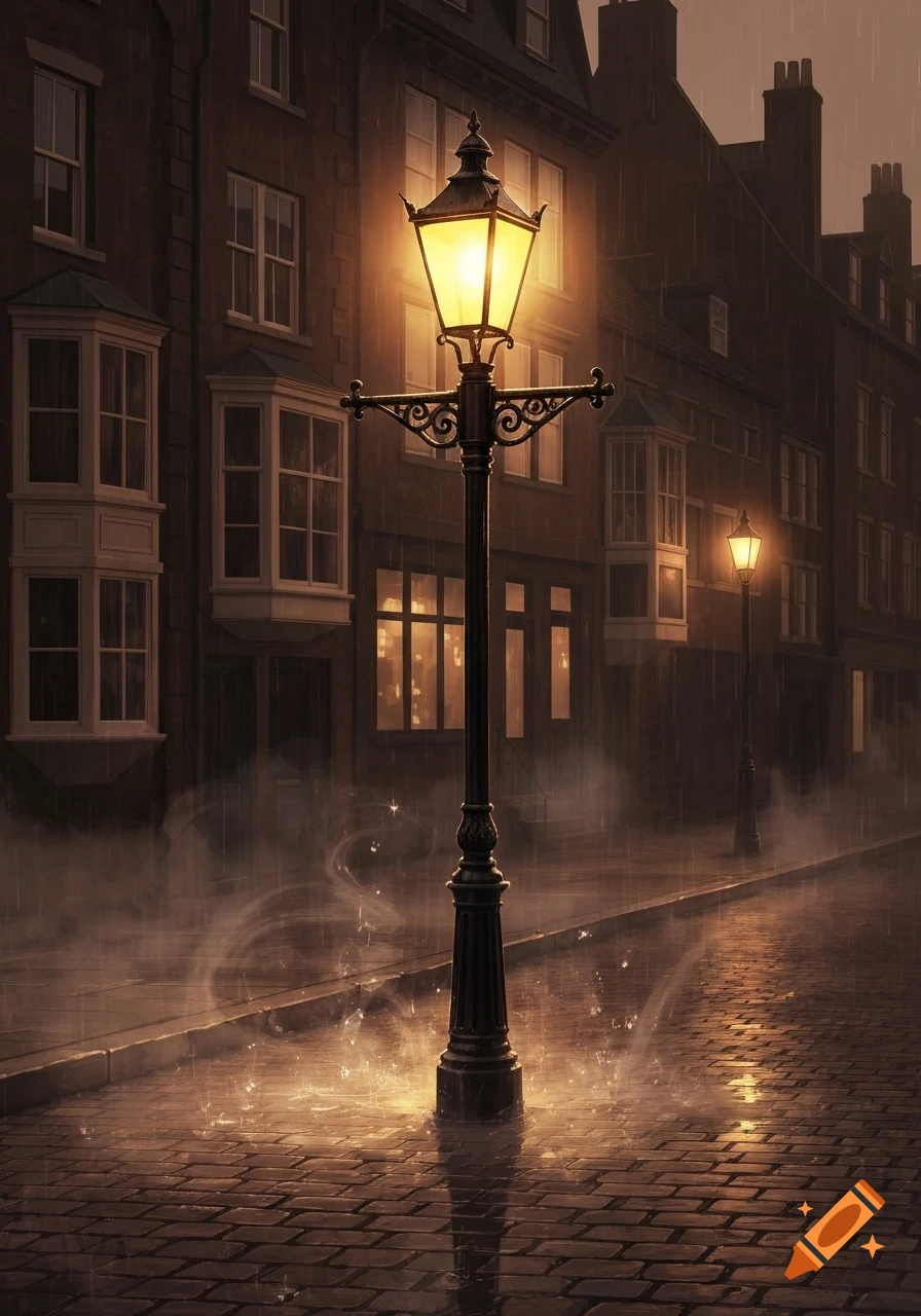 A glowing Victorian street lamp stands on a wet, cobblestone street in front of old buildings during a rainy night.
