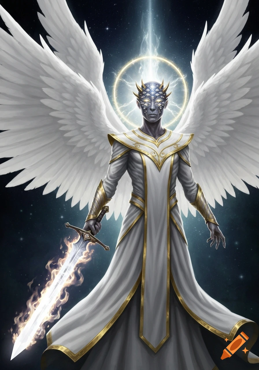 An angelic, multi-eyed being with large white wings, wearing white and gold robes, holding a flaming sword against a starry sky.