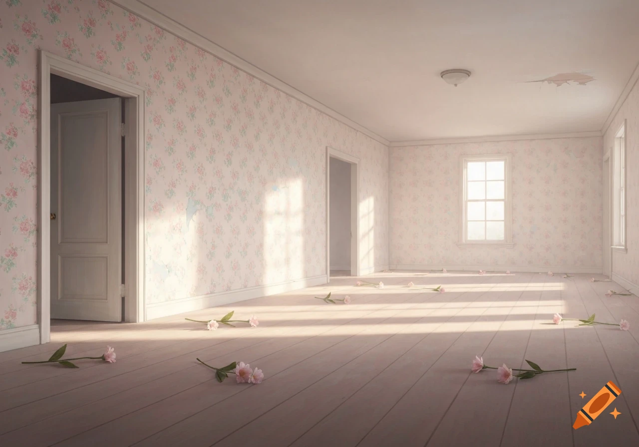 An empty room with light pink floral wallpaper, light wood floor, and scattered pink flowers. Sunlight streams through a window.