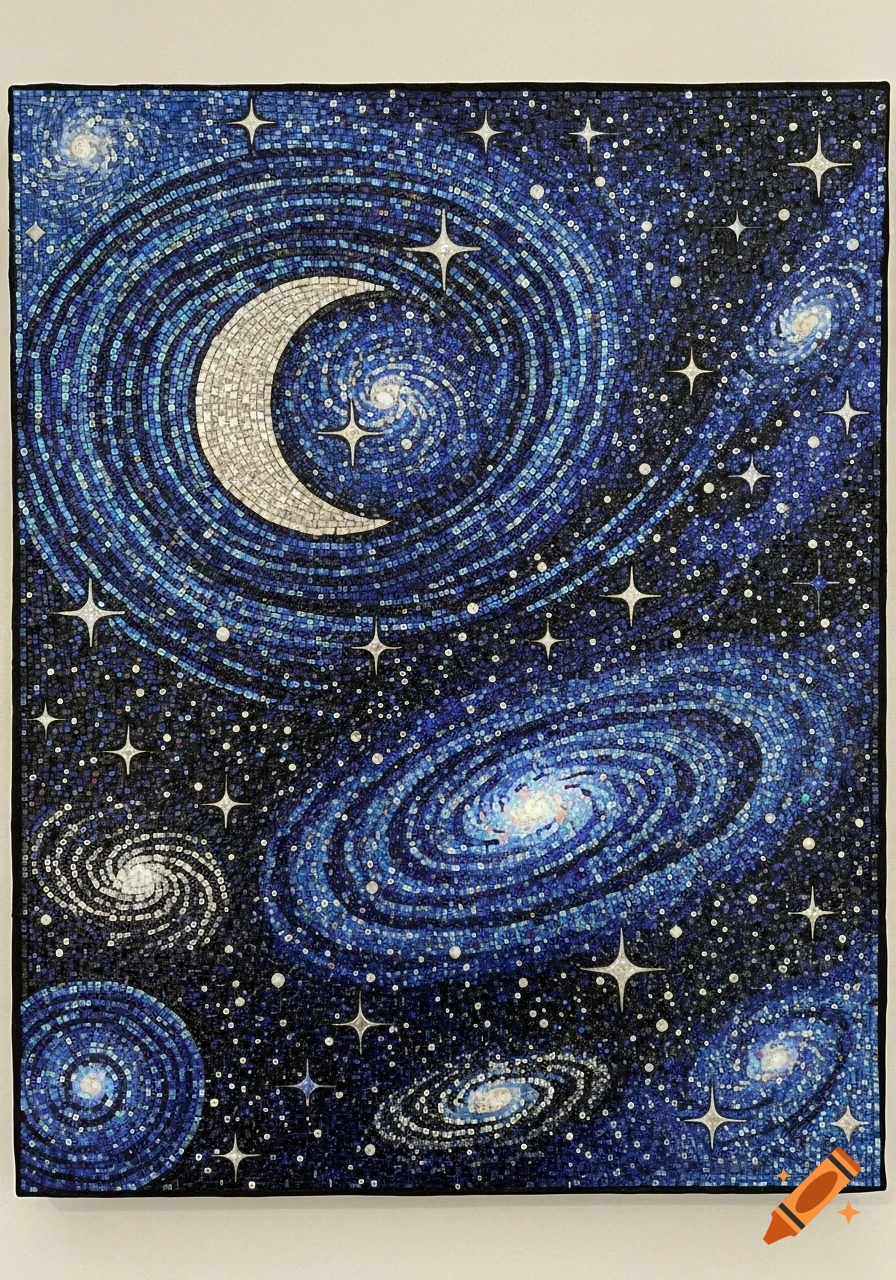 Detailed mosaic artwork of a crescent moon, swirling galaxies, and many stars against a dark blue and black night sky.