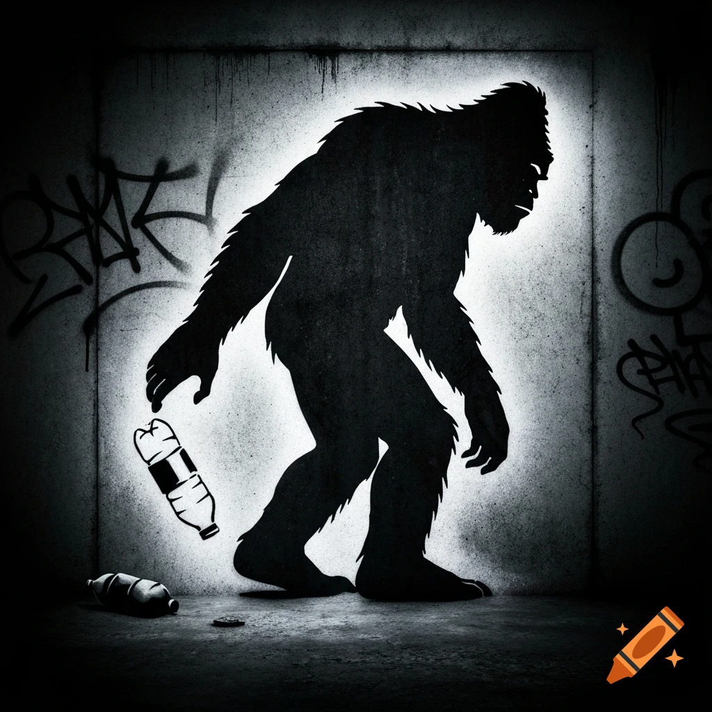 A dark, Banksy-style stencil silhouette of Bigfoot picking up a plastic bottle from a gritty, graffiti-covered concrete wall.