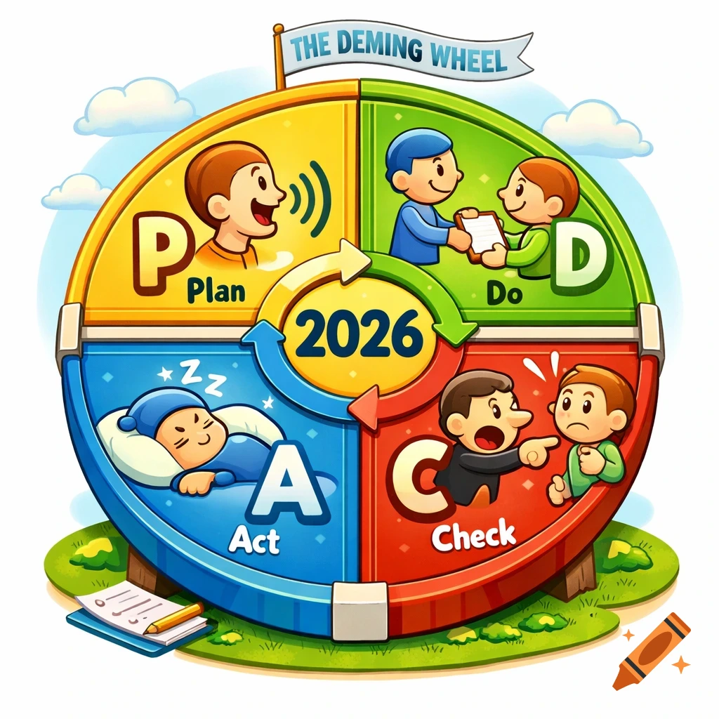 Cartoon illustration of the Deming Wheel (PDCA cycle) for 2026. Each ...