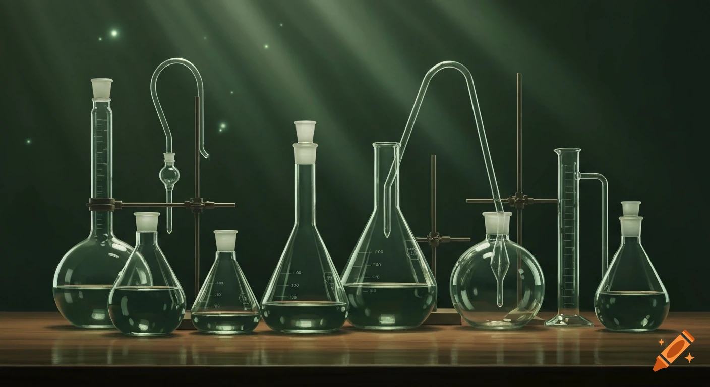 A stylized still life featuring various glass laboratory beakers, flasks, and tubes filled with dark green liquid on a wooden surface against a dark green background with glowing particles.