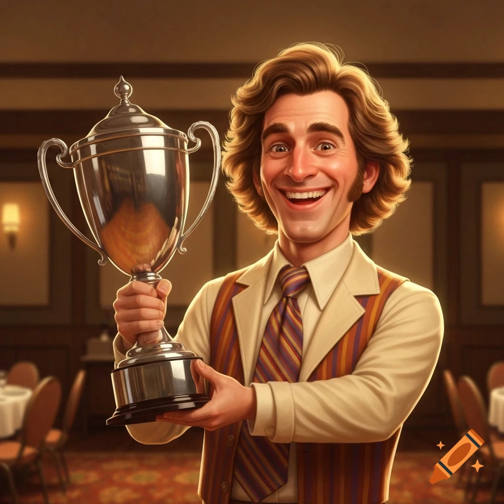 A goofy-looking man with shaggy brown hair and a wide smile, dressed in 1970s attire, proudly holds a silver trophy.