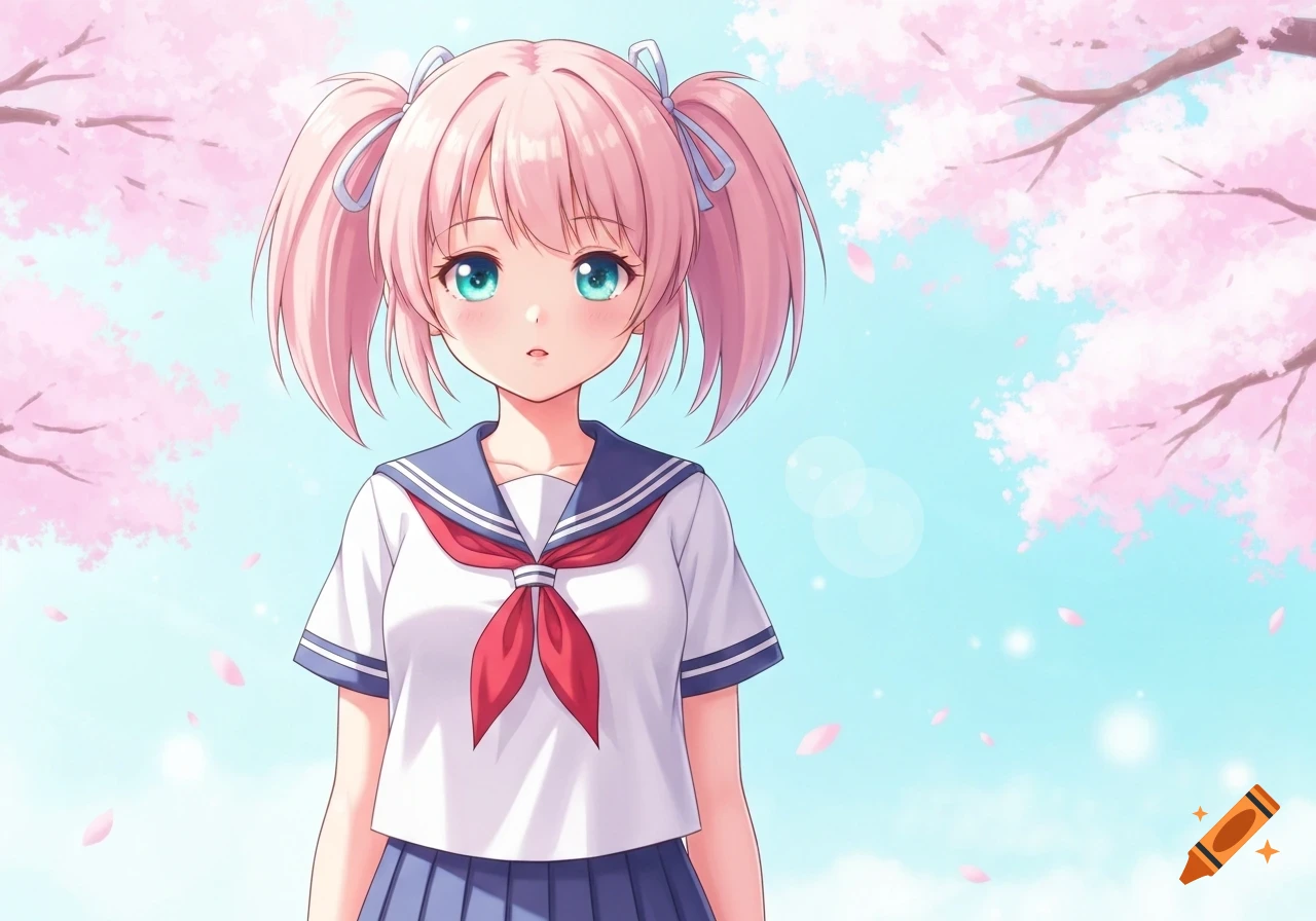 An anime girl with pink pigtails and teal eyes wears a school uniform under cherry blossoms.