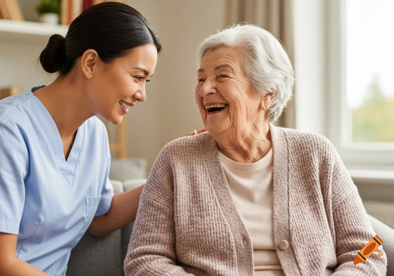 A smiling nurse in blue scrubs looks at an elderly woman with white hair who is laughing joyfully, in a bright room.