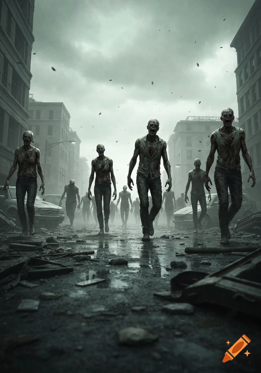 A group of decaying zombies walk down a desolate, debris-filled city street under a dark, cloudy sky.