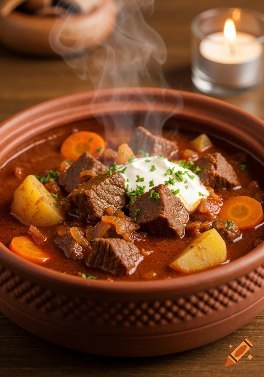 A steaming bowl of goulash with beef, potatoes, carrots, and sour cream, garnished with parsley, next to a lit candle.
