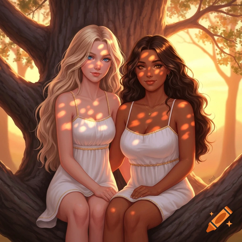 Two women, one blonde and one brunette, in white sundresses with gold trim, sit together in a tree with dappled sunset light on them, in a digital painting style.