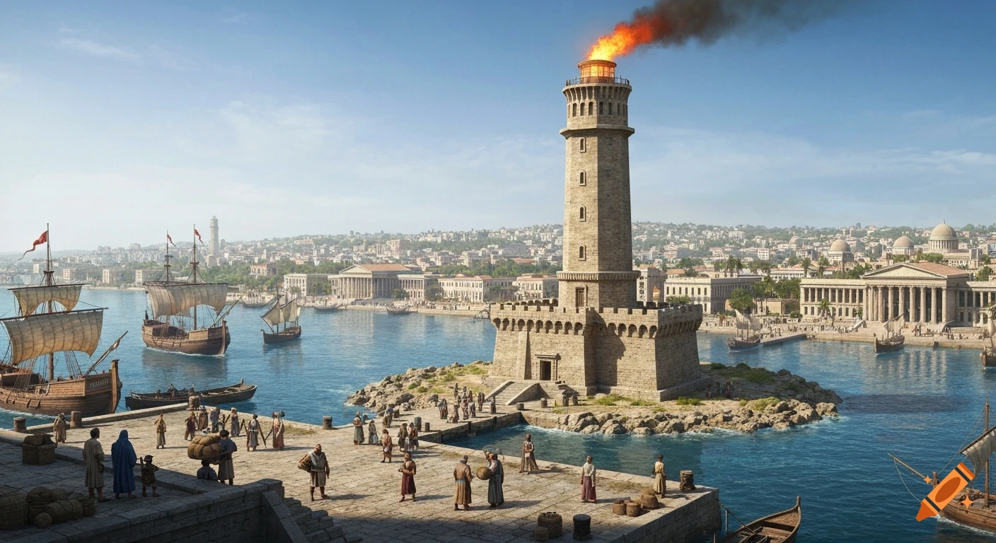 Photorealistic depiction of the Lighthouse of Alexandria in a bustling ancient harbor, with ships and people on the quays and a city in the background.