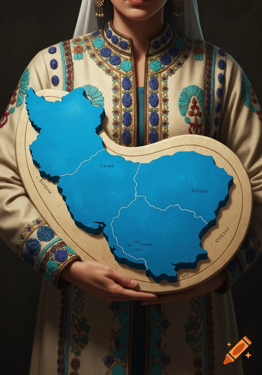 A person in traditional Iranian clothing holds a blue, contoured map of Iran on a decorative tablet, with ancient-style text. Cinematic realism.