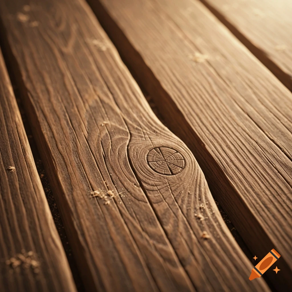 Close-up, angled view of weathered wooden planks with a prominent knot, showing rich grain and texture.
