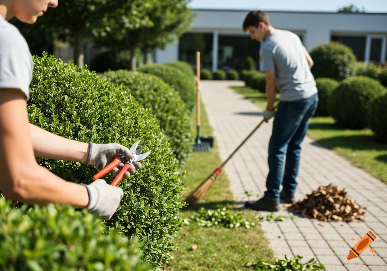 A person in gloves trims a green bush with shears as another sweeps leaves on a paved path in a sunny garden.