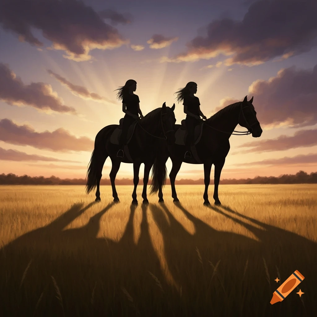 Silhouette of two people riding horses across a grassy field at sunset with sun rays peeking through clouds.