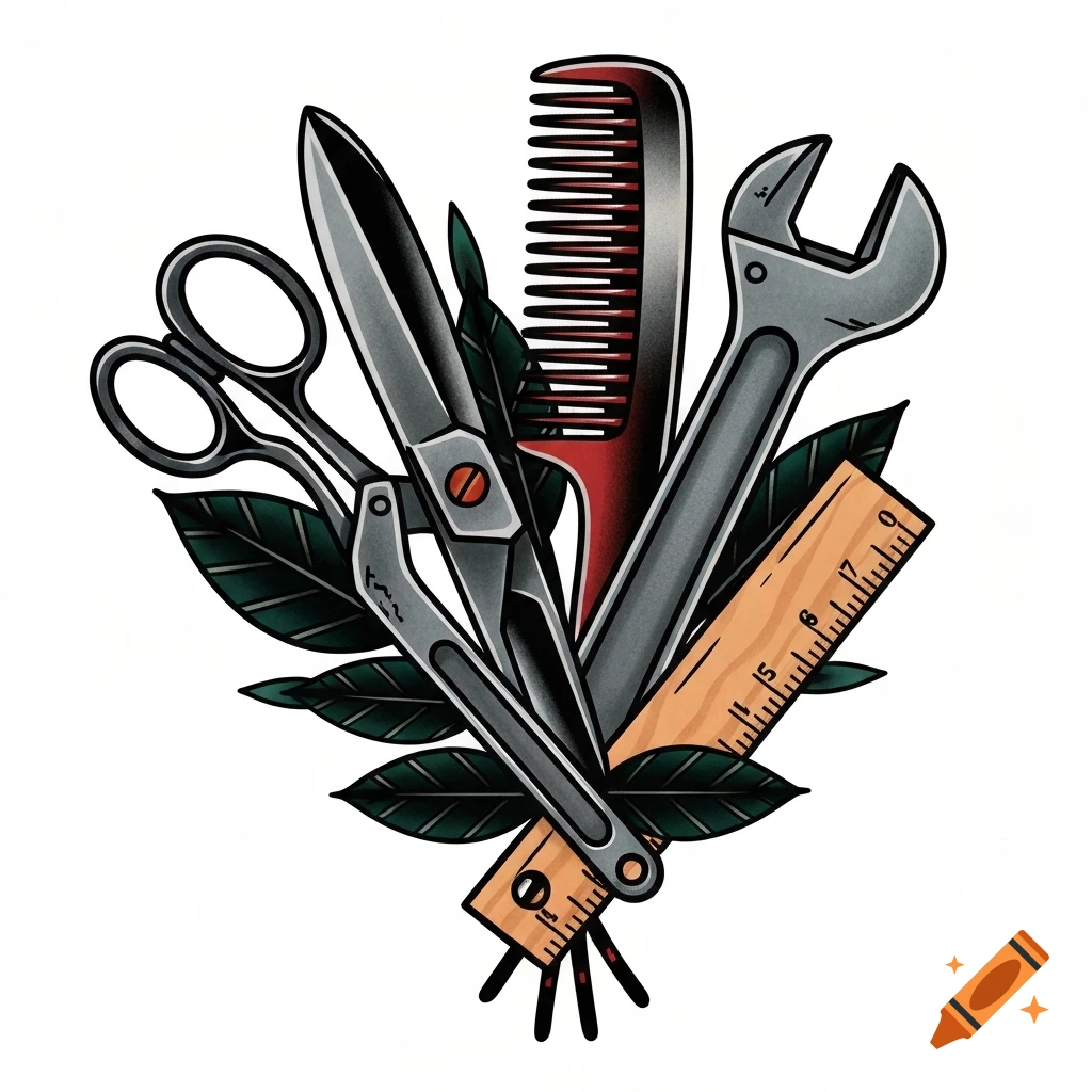 A traditional tattoo illustration of a bouquet made of scissors, a comb, a wrench, a ruler, and green leaves.