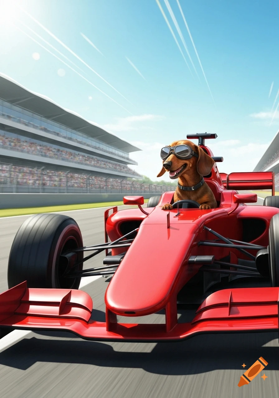 A brown dachshund in goggles drives a red Formula 1 race car on a track, with grandstands in the background. Photorealistic style.