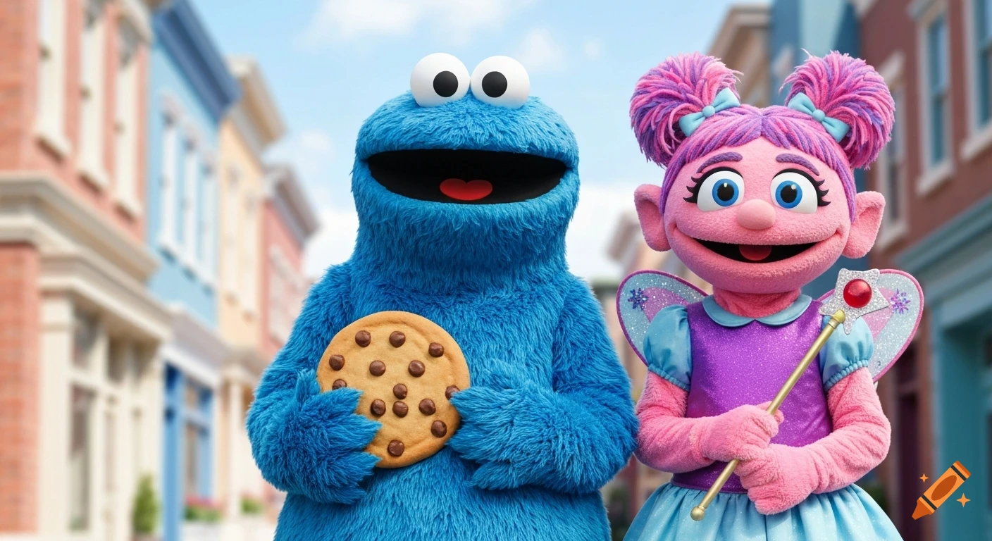 Cookie Monster holding a cookie and Abby Cadabby with a magic wand stand smiling on a street with colorful buildings.