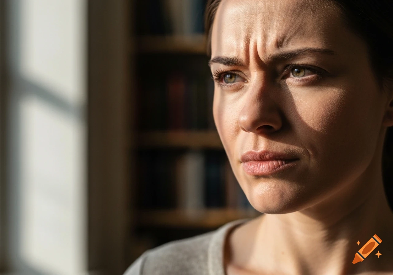 Close-up of a woman with furrowed brows and a concerned expression, sunlight casting shadows on her face.