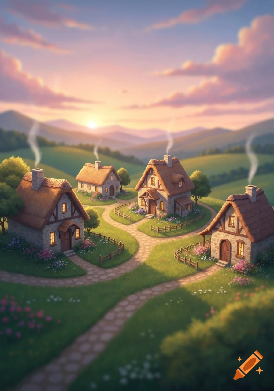 A charming village scene with four thatched-roof houses, winding paths on green hills, and a colorful sunset in the background.