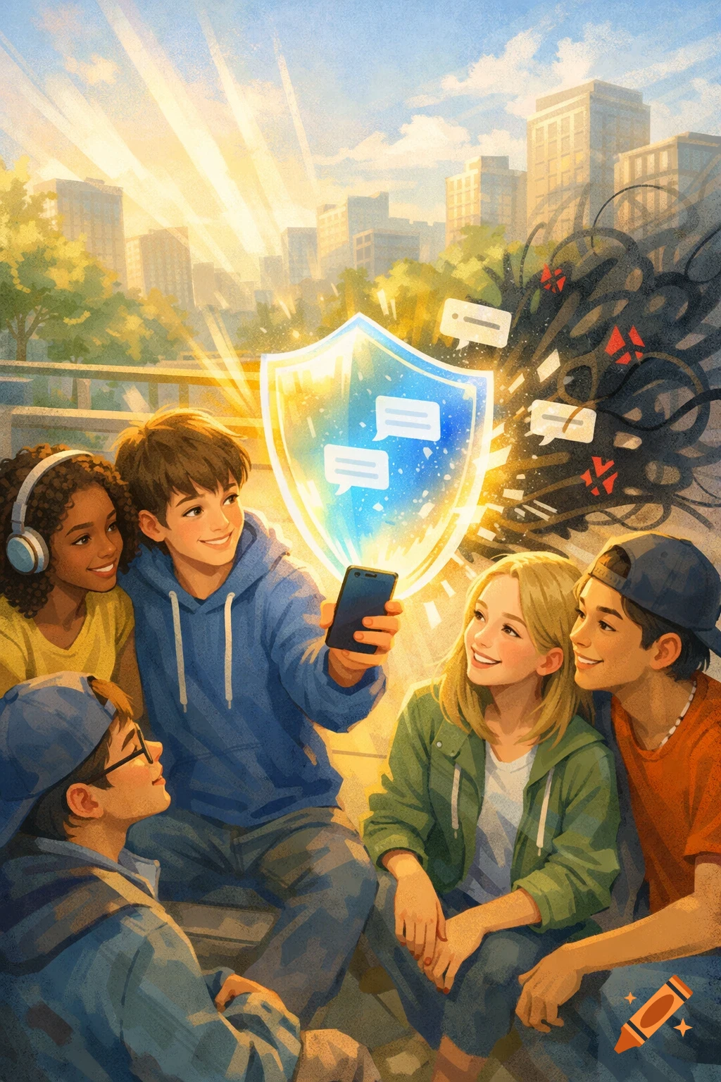 Diverse teens gather around a smartphone with a glowing shield blocking negative messages, in a bright city illustration.