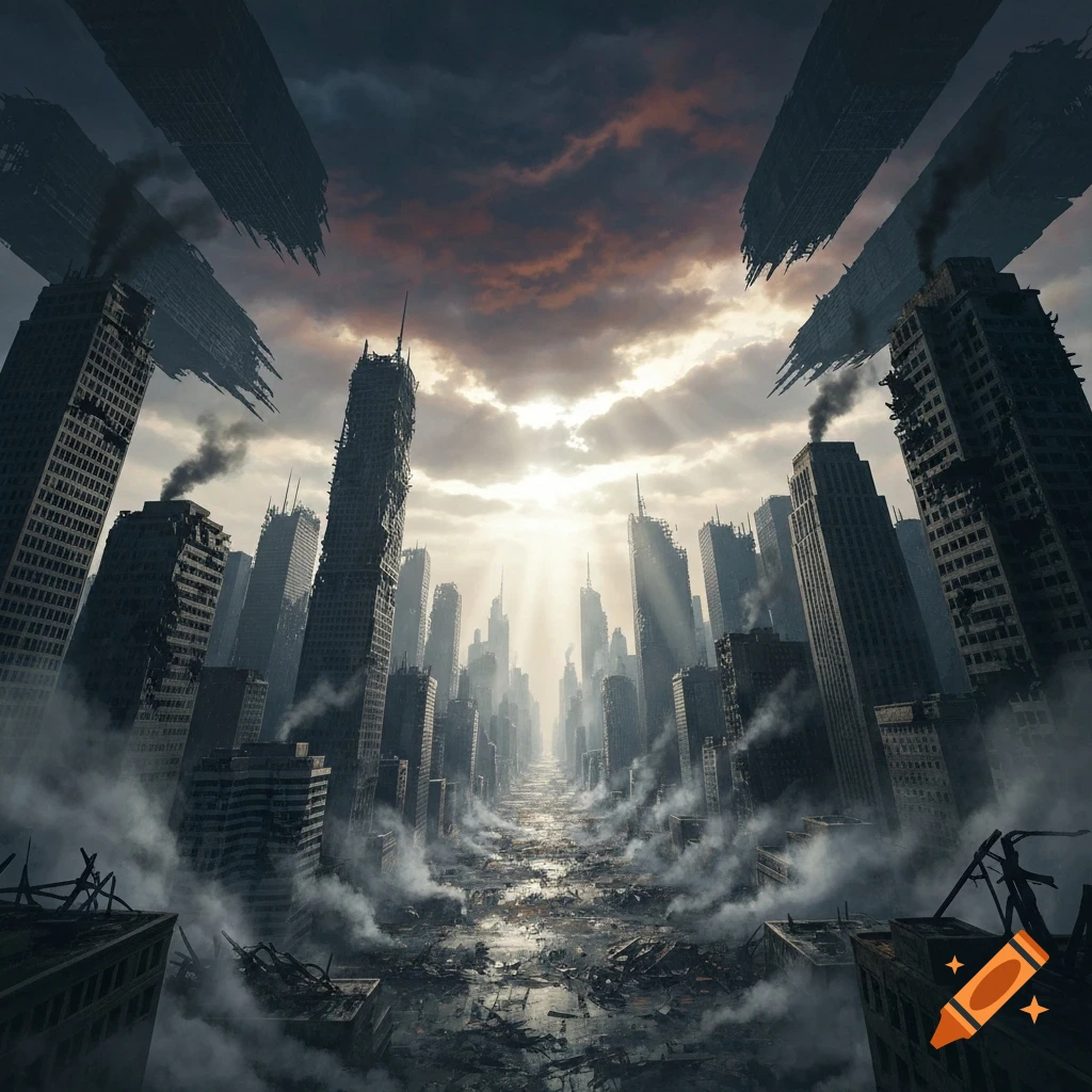 Dilapidated skyscrapers line a destroyed city street filled with smoke and rubble, under a dramatic, cloudy sky with sun rays.