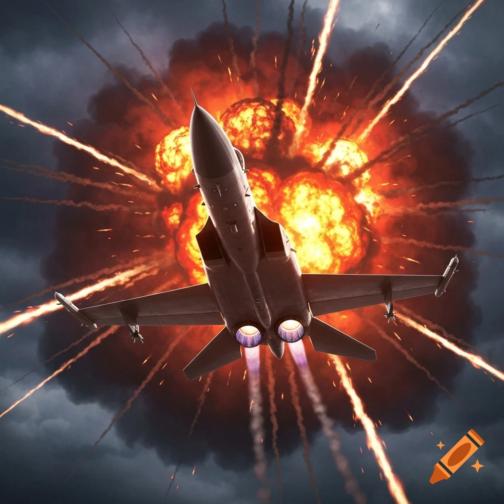 A fighter jet flies away from a massive orange explosion with streaks of fire against a dark, cloudy sky.