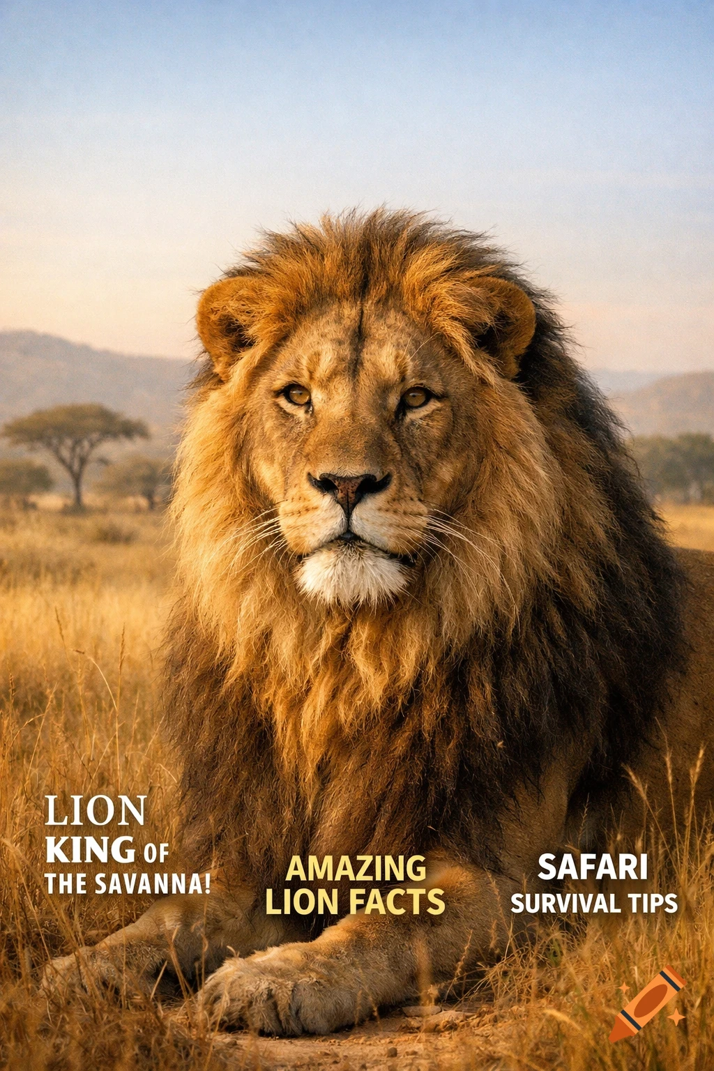 A majestic lion with a golden mane lies in a savanna at sunrise, depicted as a realistic magazine cover with titles.