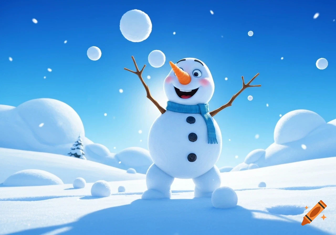 Joyful cartoon snowman in a snowy field with falling snowballs under a bright blue sky, animated style.