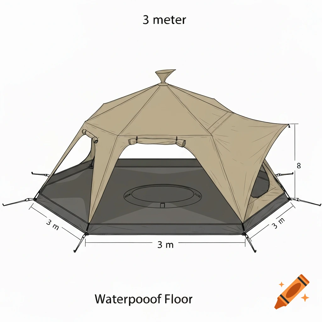 A technical diagram of an octagonal tent with 3-meter sides and a waterproof floor, showing dimensions.