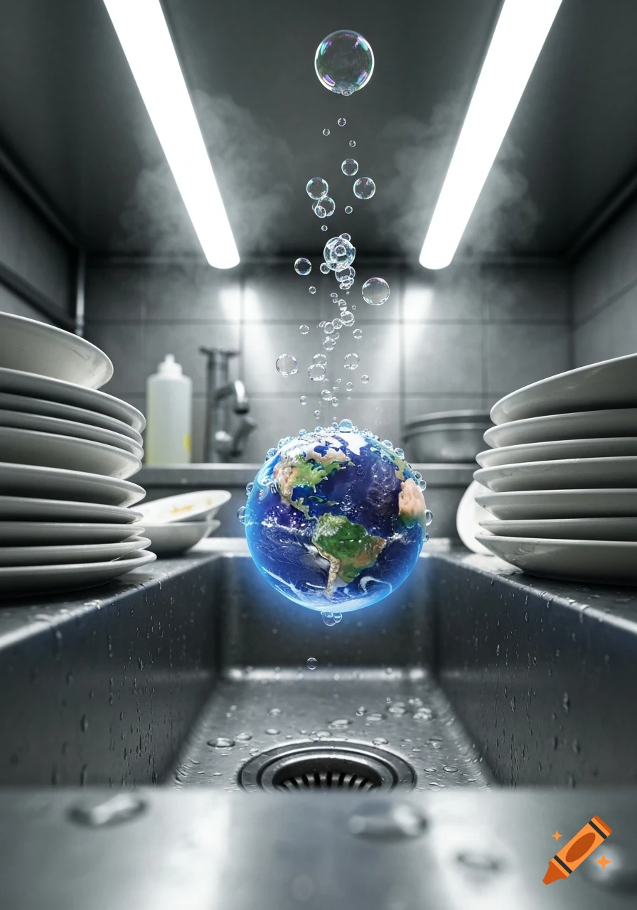 Photorealistic image of the Earth planet floating in a stainless steel kitchen sink with soap bubbles and dirty dishes around it.
