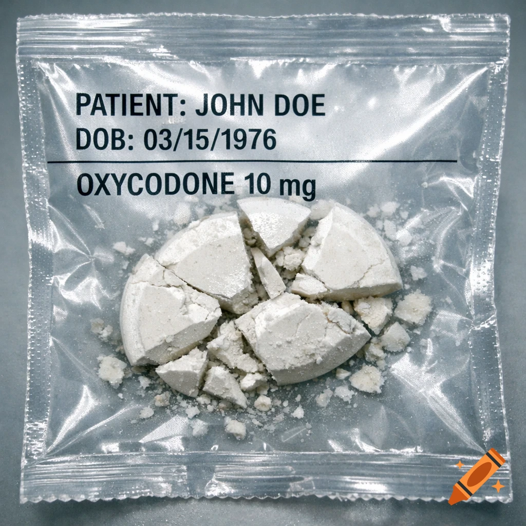 A clear plastic baggie containing a broken white Oxycodone 10 mg tablet and powder, with a label for "PATIENT: JOHN DOE, DOB: 03/15/1976".