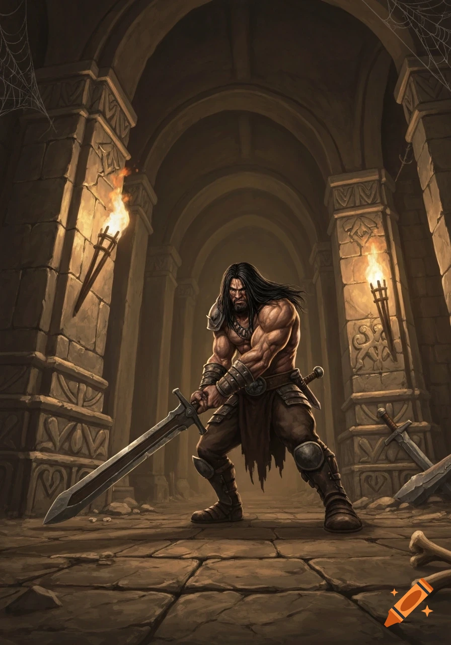 Muscular barbarian with long black hair and a greatsword stands in a torchlit stone dungeon. Digital fantasy illustration.