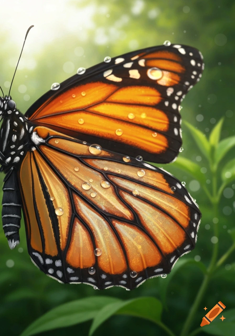 A close-up of a vibrant orange and black monarch butterfly wing covered in shimmering water droplets, against a soft green background.