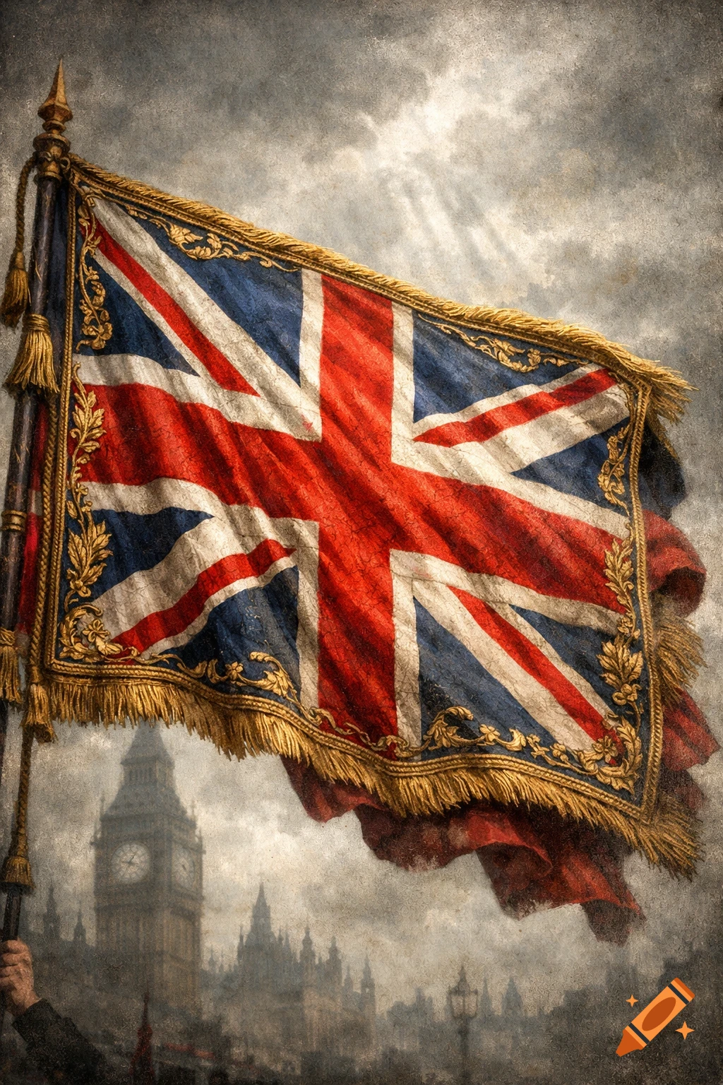 A textured, ornate Union Jack flag waves against a cloudy sky, with a hazy London cityscape and Big Ben in the background.