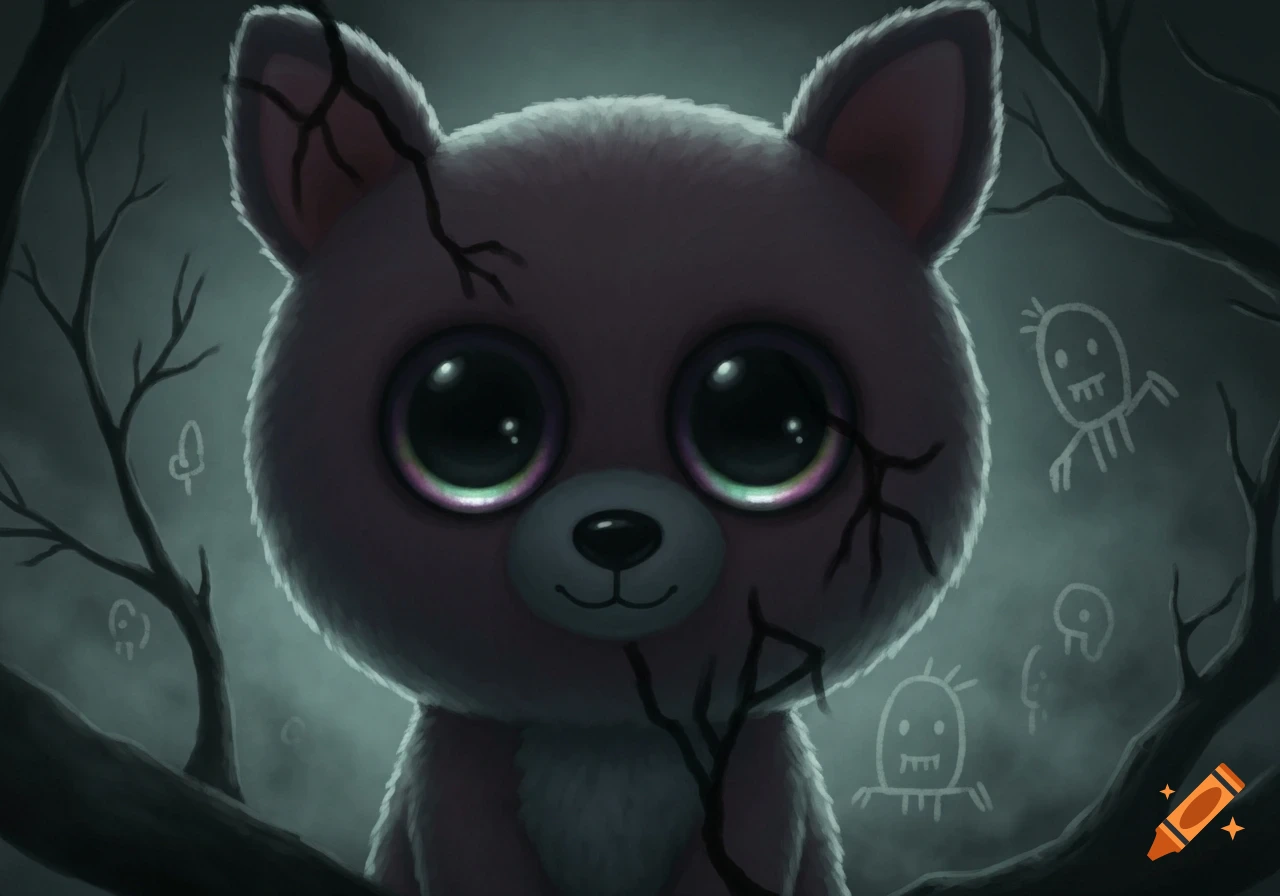 A pink, cracked Beanie Boo-style cat with big eyes in a dark, misty forest, surrounded by stick figure drawings. Digital art.