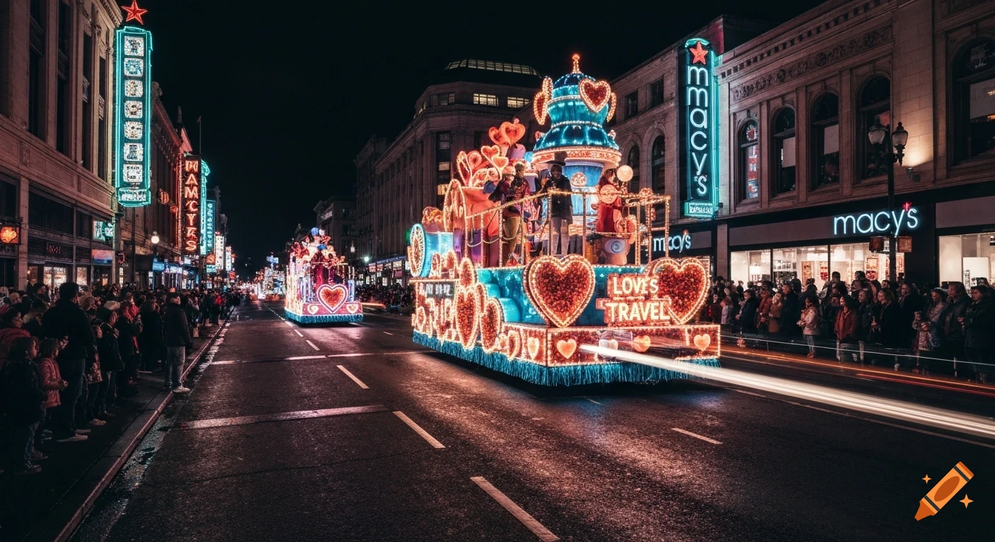 Photorealistic night parade with illuminated floats, including one shaped like a train with 'Loves Travel' text, passing spectators on a city street.